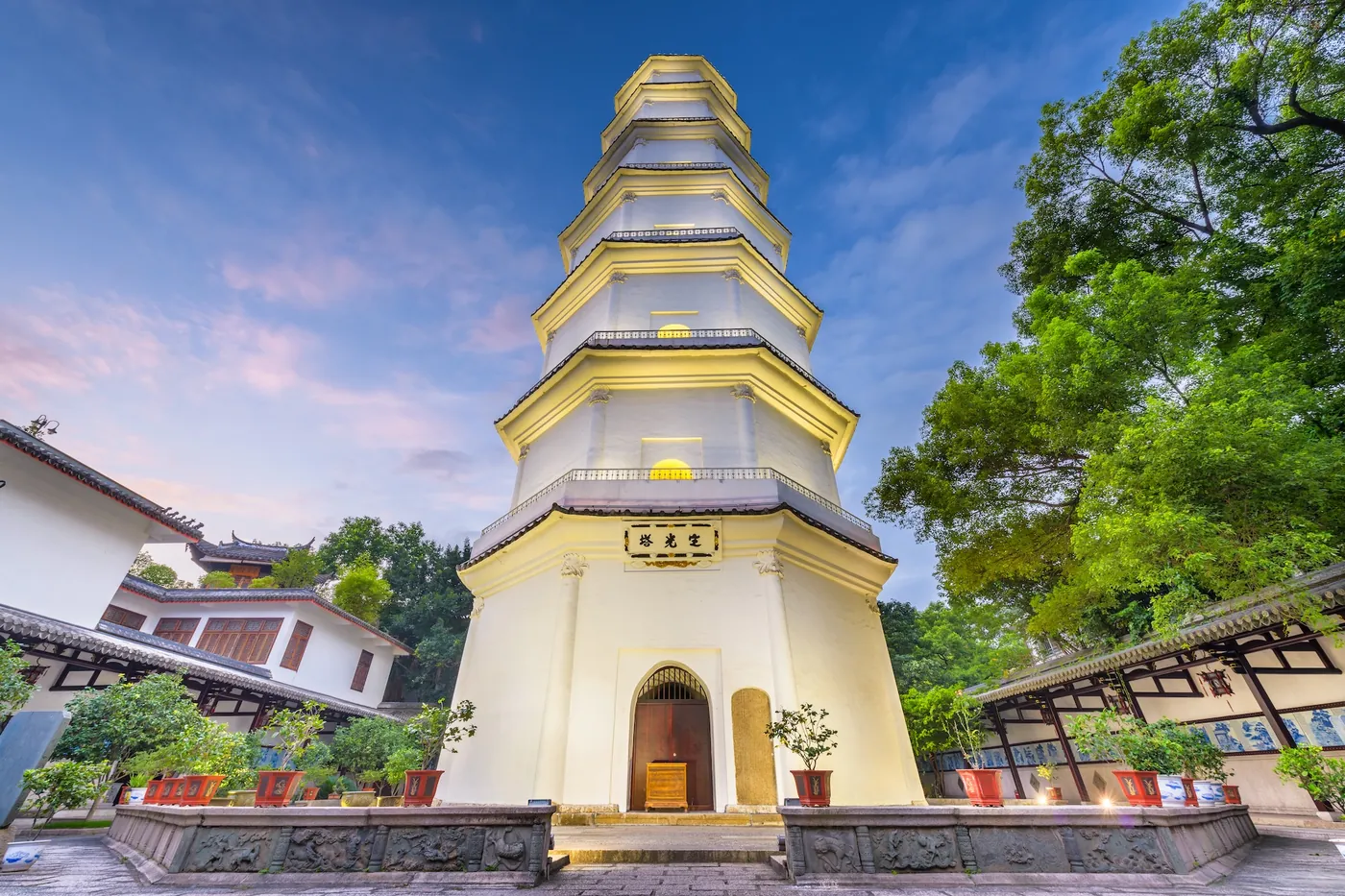 The white pagoda of Dingguang temple in Fuzhou, Fujian, lit at dusk