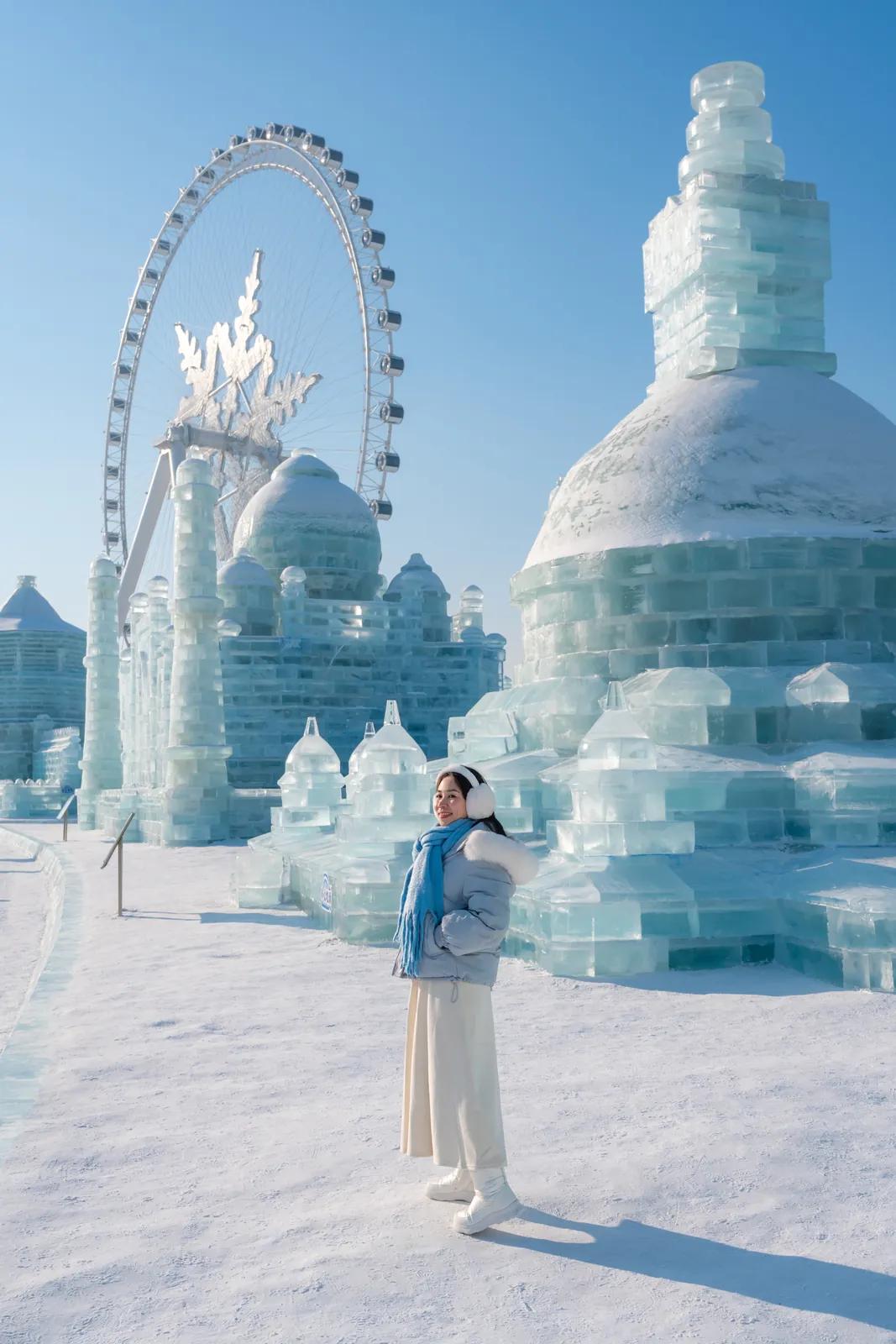 Ice towers and the Ferris wheel in daylight